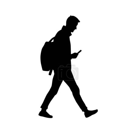 Ilustración de Hombre caminando por la calle con silueta de teléfono, siluetas de personas en movimiento multitud en la calle - Imagen libre de derechos