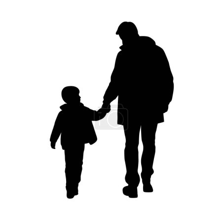 Padre con silueta de hijo, padre e hijo caminando mano a mano silueta vectorial en blanco