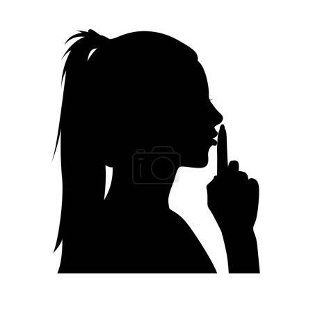 Illustration for Woman with finger on her lips, silence gesture, keep secret silhouette, woman shows silence - Royalty Free Image