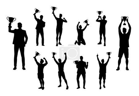 Illustration for Sport winner holding a winning trophy, happy man with trophy cup silhouette - Royalty Free Image