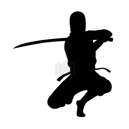 Ilustración de Set de silueta Ninja, ninja japonesa en uniforme negro sobre fondo blanco - Imagen libre de derechos