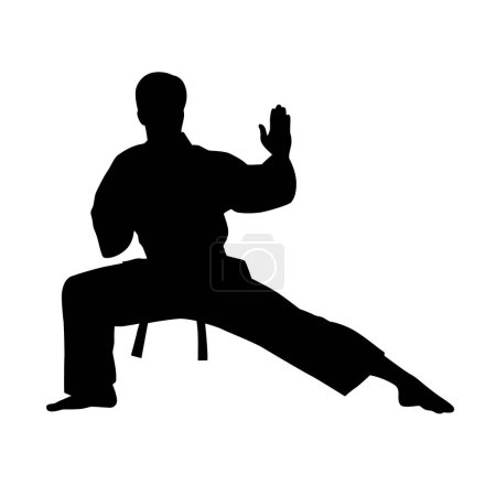 Ilustración de Siluetas negras de lucha contra el karate, Combates individuales, un conjunto de siluetas de un karate en diferentes poses - Imagen libre de derechos