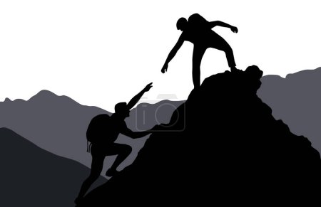 Téléchargez les illustrations : L'homme aide l'homme à escalader la montagne. Concept d'aide et d'assistance. Silhouettes de deux personnes grimpant sur la montagne et aidant - en licence libre de droit