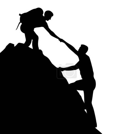 Illustration for Man help man to climbing mountain. Help and assistance concept. Silhouettes of two people climbing on mountain and helping - Royalty Free Image