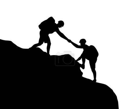 Illustration for Man help man to climbing mountain. Help and assistance concept. Silhouettes of two people climbing on mountain and helping - Royalty Free Image