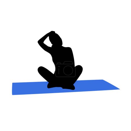 Téléchargez les illustrations : Fitness belle femme mince est assis sur la silhouette de tapis de yoga sur blanc - en licence libre de droit