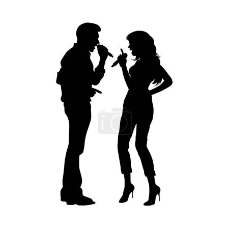 Illustration for Couple singing karaoke and dancing together, funny singing - Royalty Free Image