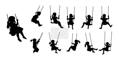 Silhouette of girl play swinging swing, Girl swinging silhouette isolated on white