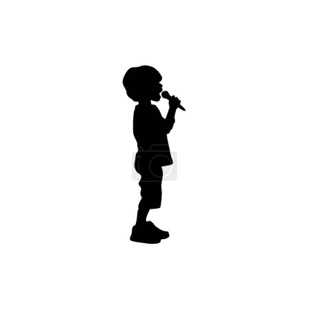 Illustration for Kid singing karaoke, funny singing, child with microphone singing black silhouette - Royalty Free Image