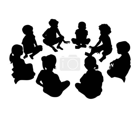 Kids sitting in circle play and talk together, kids round circle, friendship silhouette