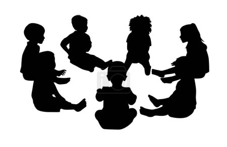 Kids sitting in circle play and talk together, kids round circle, friendship silhouette