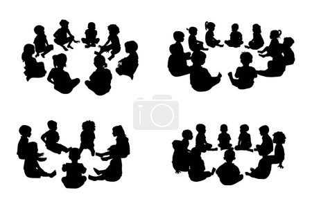 Set of kids sitting in circle play and talk together, kids round circle, friendship silhouette