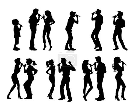 Illustration for People singing karaoke and dancing together, funny singing, Singer male and female silhouette - Royalty Free Image