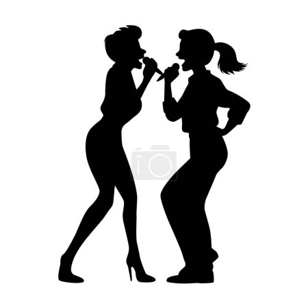 Illustration for Two women singing karaoke and dancing together, funny singing - Royalty Free Image