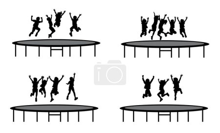 Group of kid jumping trampoline, jumping for joy silhouette isolated on white