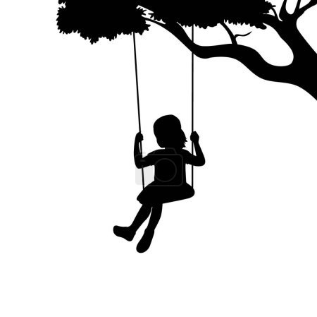 Chica jugar columpio columpio bajo la silueta del árbol aislado en blanco, silueta oscilante