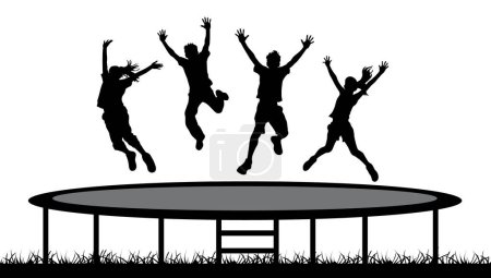 Téléchargez les illustrations : Groupe de personnes sautant sur un trampoline dans l'herbe, sautant pour la silhouette de joie isolé sur blanc - en licence libre de droit