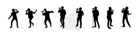 Man singing karaoke with micro, happy singer silhouette, Man and woman singer silhouette, male female singing on mic