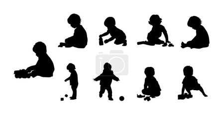 Kind spielt mit Spielzeug, Kleiner Junge spielt Blockspielzeug zu Hause im Kinderzimmer. Kleinkind hat Spaß an Silhouette