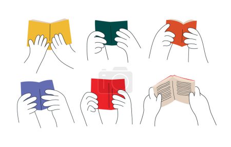 Téléchargez les illustrations : Main avec livre, main tient un livre ouvert, les gens mains tenant des livres illustration vectorielle - en licence libre de droit