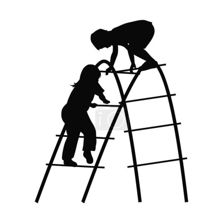 Kids play climb together, children's Playground. Children play on the Playground, child carefully crosses an arched ladder