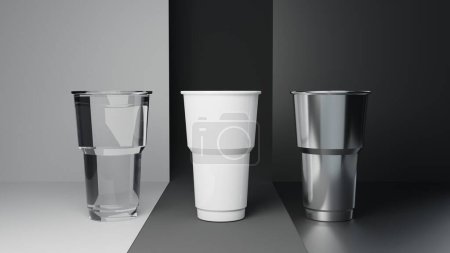 Foto de Representación 3d de un conjunto de copas de plástico sobre un fondo diferente - Imagen libre de derechos