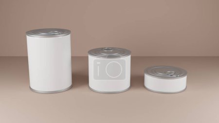 Foto de Tres latas de alimentos enlatados diferentes sobre fondo claro 3d - Imagen libre de derechos
