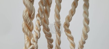 Photo for Natural silk consisting of several threads well twisted together closeup. Bundle of thin, natural-colored silk yarn, tightly twisted together and arranged in a bundle on a white background. Yarn for knit and crochet. Materials for handicrafts. - Royalty Free Image
