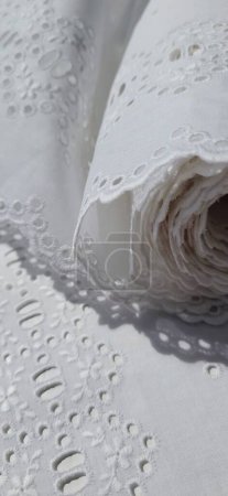 Foto de Tejido de algodón blanco con perforaciones y flores bordadas de un diseño intrincado y delicado. Algodón césped bordado frontera vestido artesanal tela. - Imagen libre de derechos