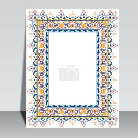 Téléchargez les photos : Carte avec cadre d'ornement floral indien / arabe traditionnel sur surface en marbre poli, taille A4 - en image libre de droit