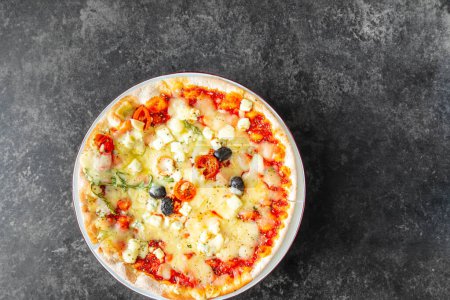 Photo for Veggie-Loaded Pizza Cheese, Tomato, Olives, Oh My! - Royalty Free Image