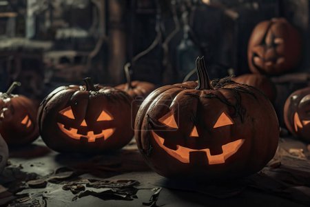 Foto de Calabazas espeluznantes en una casa embrujada y brumosa La mística de octubre cobró vida - Imagen libre de derechos