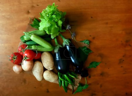 Foto de Vegetales vibrantes colección de berenjenas, calabacines, pimientos, tomates, cebollas - Imagen libre de derechos