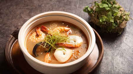 Photo for Shrimp soup with egg and unique chimeric fish sauce Exquisite seafood fusion - Royalty Free Image
