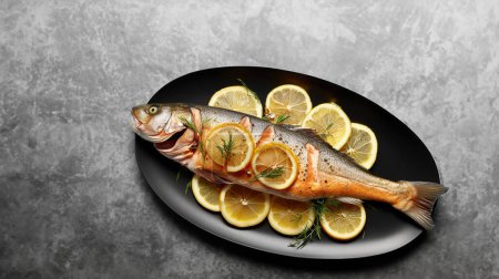 Photo for Juicy rainbow fish roasted to perfection, served on a plate with a zesty lemon twist - Royalty Free Image