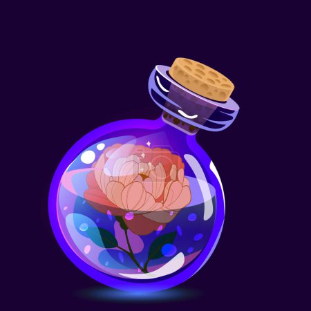 Botella de vidrio con elixir mágico con Rose. Activo del juego de ordenador. Ilustración vectorial EPS10