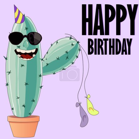 Téléchargez les illustrations : Carte d'anniversaire avec dessin animé drôle cactus et ballons. Illustration vectorielle EPS10. - en licence libre de droit