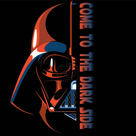 Logo casco Darth Vader. Texto "Ven al lado oscuro". Universo Star Wars. Ilustración vectorial EPS10.