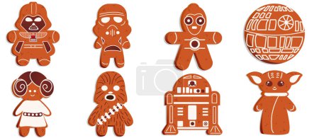 Téléchargez les illustrations : Drôle de biscuits de pain d'épice de dessin animé sous la forme de personnages Star Wars (Stormtrooper, Leia, C-3PO, Grogu, Chewbacca, etc.) Illustration vectorielle EPS10 - en licence libre de droit