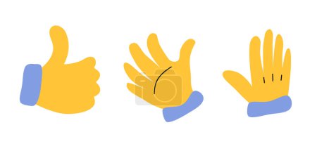 Illustration for Hands vector set cartoon style. Flat illustration with gloves icon set isolated. Colorful clipart - parts of body, arms in yelow gloves. Hand gesture collection. Design templates for graphics. - Royalty Free Image