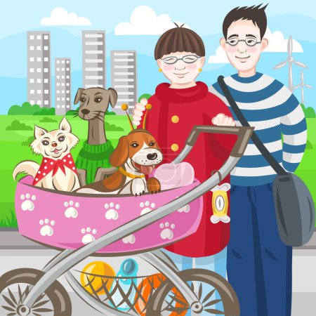 Illustration for Asian couple with 3 dogs in stroller walking in the park - vector illustration - Royalty Free Image