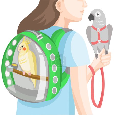 Illustration for Girl with parrots in bird backpack and harness with leash during outdoor walk - vector illustration - Royalty Free Image