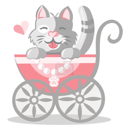Téléchargez les illustrations : Poupée bébé chat gris doux en poussette enfant rose avec pendentif patte minuscule. Illustration vectorielle colorée - en licence libre de droit