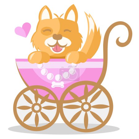 Téléchargez les illustrations : Bébé chien au gingembre doux en poussette enfant violette avec pendentif minuscule en os. Illustration vectorielle colorée - en licence libre de droit