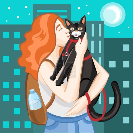 Ilustración de Chica pelirroja con mochila marrón acariciando gato negro con correa roja para mascotas durante el paseo al aire libre en la ciudad nocturna con edificios y cielo lunar - ilustración vectorial - Imagen libre de derechos