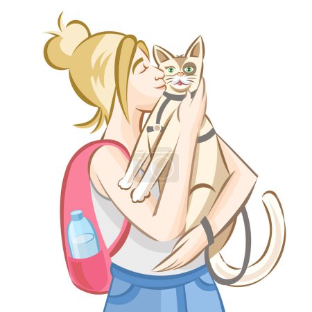 Illustration for Blonde girl with pink backpack petting blonde cat in grey pet leash during outside walking on white background - vector illustration - Royalty Free Image