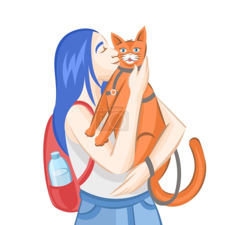 Illustration for Blue-haired girl with red backpack petting ginger cat in grey pet leash during outside walking on white background - vector illustration - Royalty Free Image