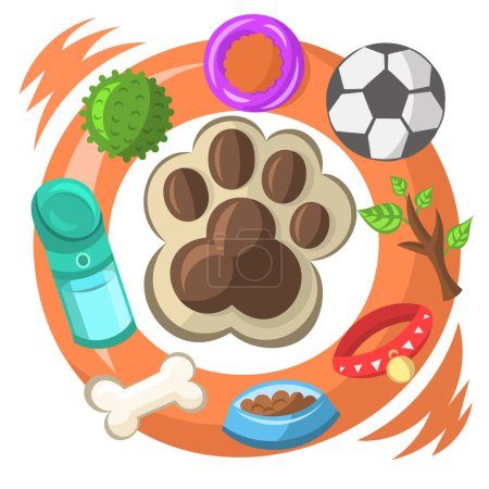 Ilustración de Perro huella de la pata con varios objetos de mascotas temáticas perro (pelota de fútbol, botella de bebida, palo de madera, hueso, cuello, tazón y juguetes) dentro del círculo naranja - ilustración vectorial - Imagen libre de derechos