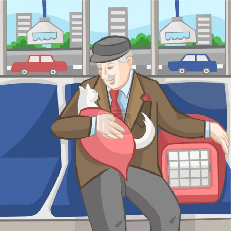 Illustration for Old man with white cat in red blanket and pet carrier sitting in public transport bus with road, city and cars on a background - vector illustration - Royalty Free Image