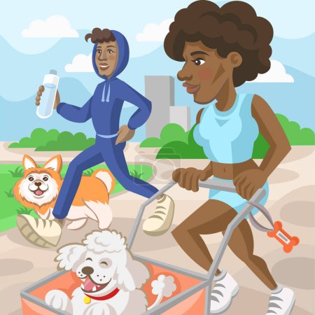 Téléchargez les illustrations : Couple urbain peau foncée pendant le jogging dans le parc de la ville avec des chiens corgi et caniche blanche en poussette illustration vectorielle - en licence libre de droit